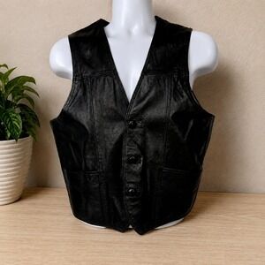 Vintage Steer Brand Black Leather Vest Mens Small Biker Western Mexico
